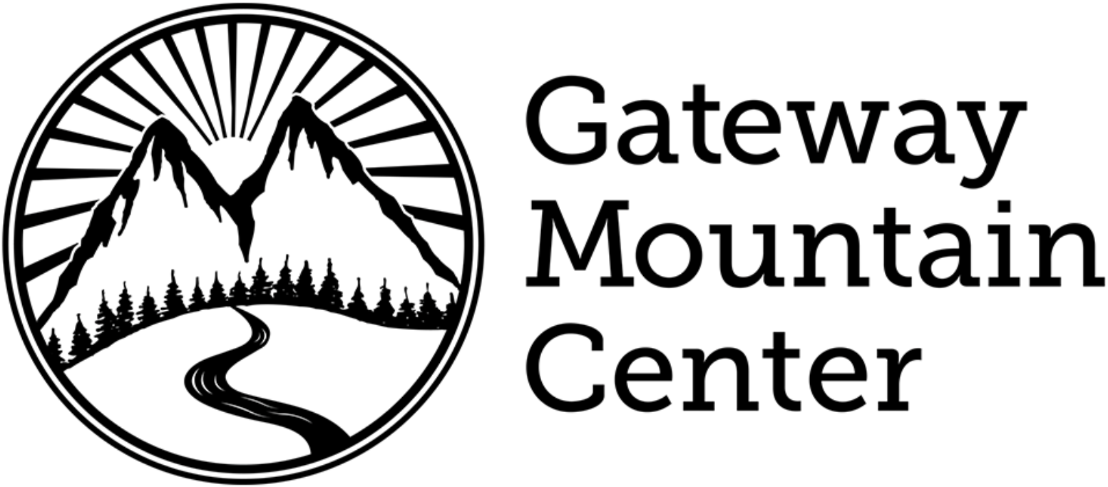 The logo for the gateway mountain center shows a mountain and a river in a circle.