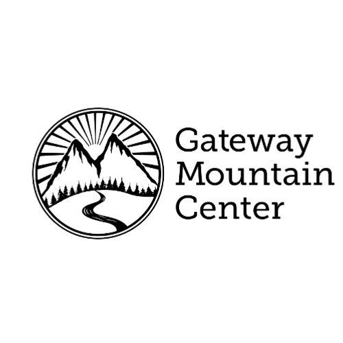 The logo for the gateway mountain center shows a mountain and a river in a circle.