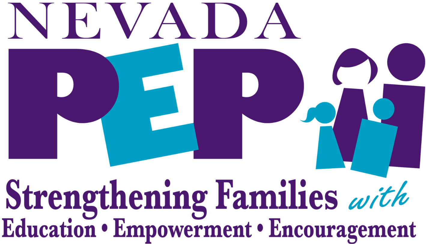 Nevada PEP logo with purple and teal figures and the slogan “Strengthening Families with Education, Empowerment, Encouragement”