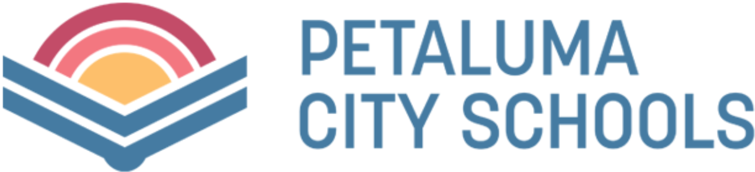 Petaluma City Schools logo with blue and red arc design above the district name.