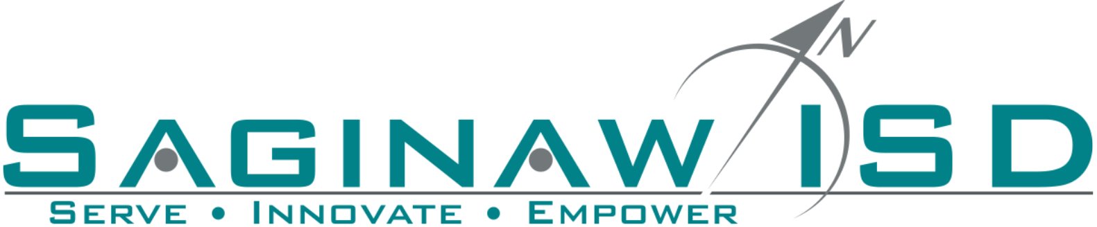 Saginaw ISD logo with teal text and stylized compass design on white background