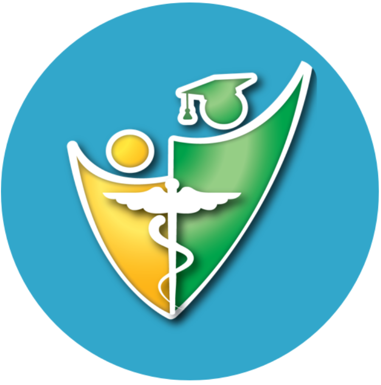 Medical and graduation shield logo in blue circle, with caduceus, person icon, and green mortarboard