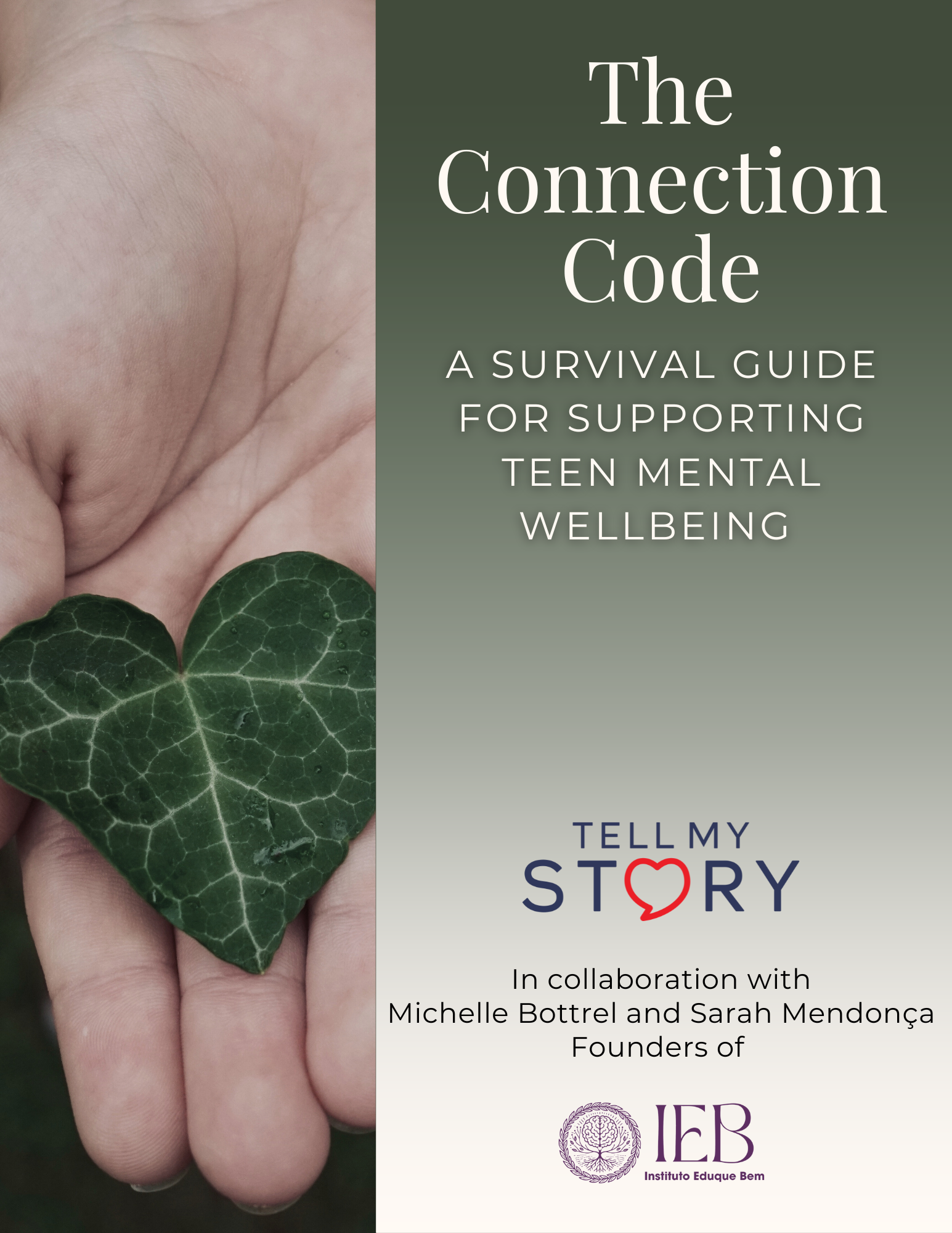 Hand holding green leaf heart beside book cover titled “The Connection Code” on mental wellbeing