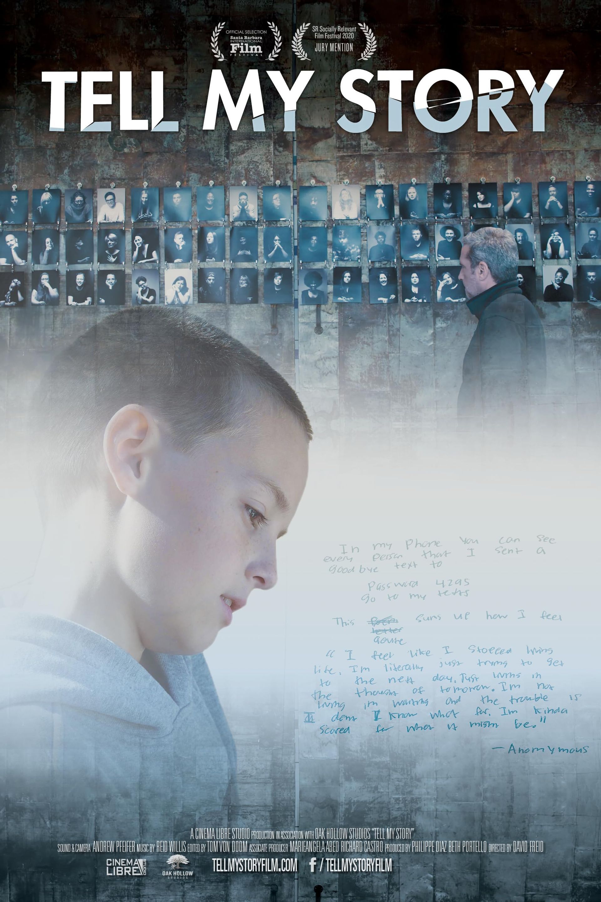A movie poster for tell my story shows a young boy looking at a piece of paper.