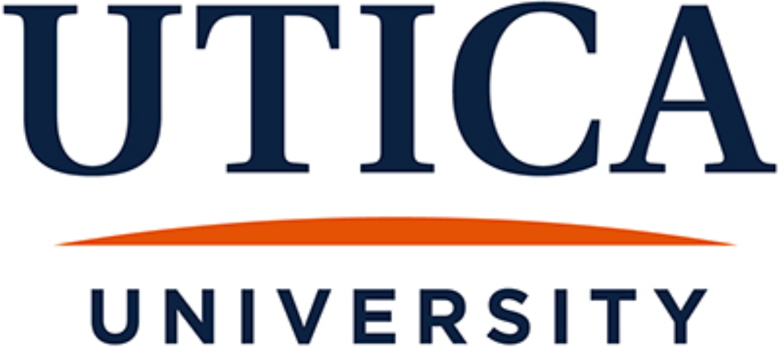 Utica University logo with navy text and an orange arc underline