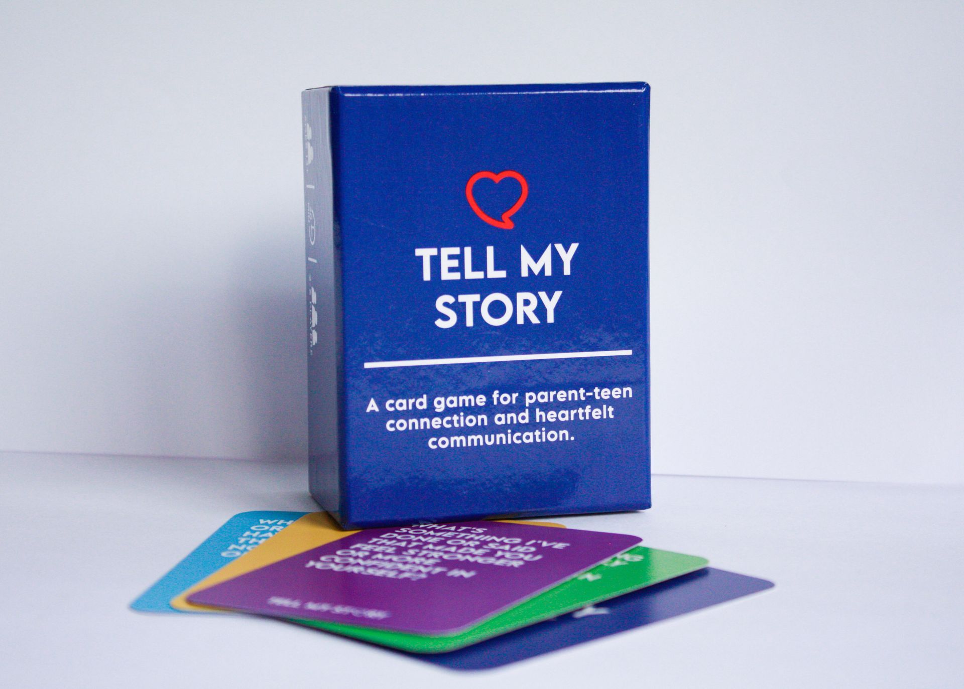 A blue box that says tell my story on it