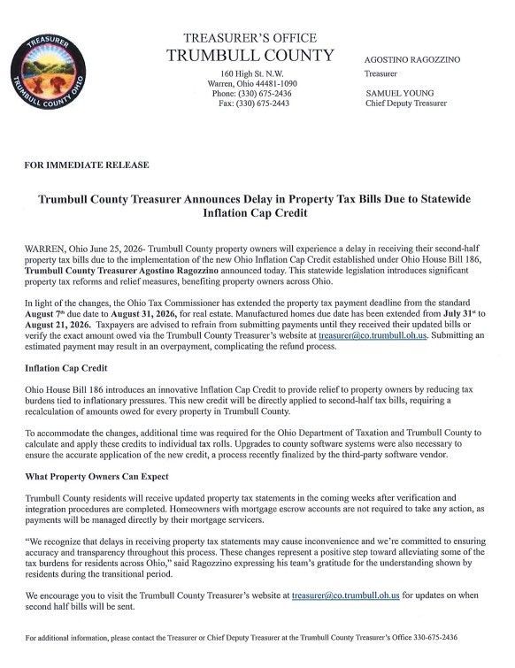 Letter from Trumbull County Treasurer regarding Tax Bills