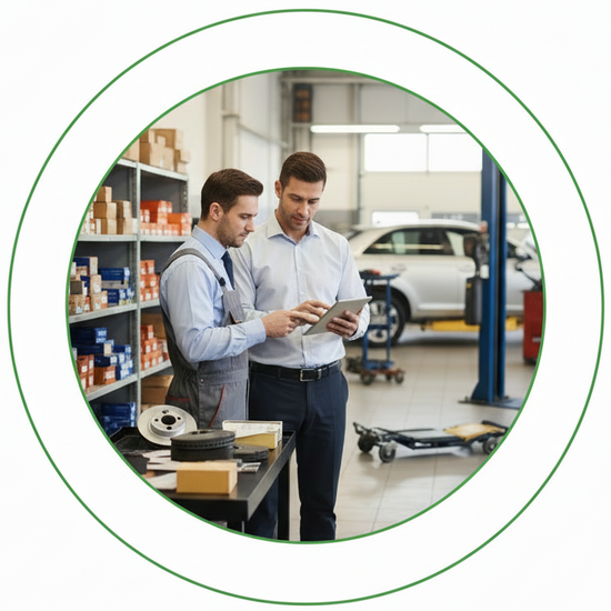 Two professional men in a car repair shop looking at a tablet while standing near a shelf of spare parts.