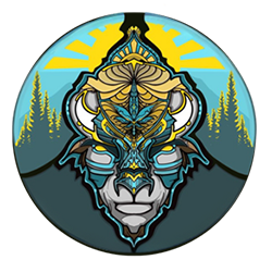 Stylized wolf head emblem with turquoise, gold, and gray details against a mountain and forest backdrop