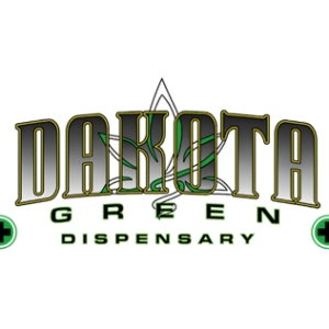 Dakota Green Dispensary logo with gold and green lettering on white background