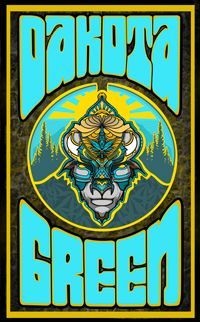 Dakota Green logo with stylized wolf head in a circular sun and pine trees, turquoise text on black