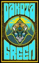 Dakota Green logo with stylized wolf head in a circular sun and pine trees, turquoise text on black