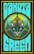 Dakota Green logo with stylized wolf head in a circular sun and pine trees, turquoise text on black