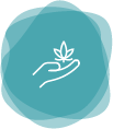 Turquoise abstract floral logo with a white line-drawn plant icon and layered translucent circles