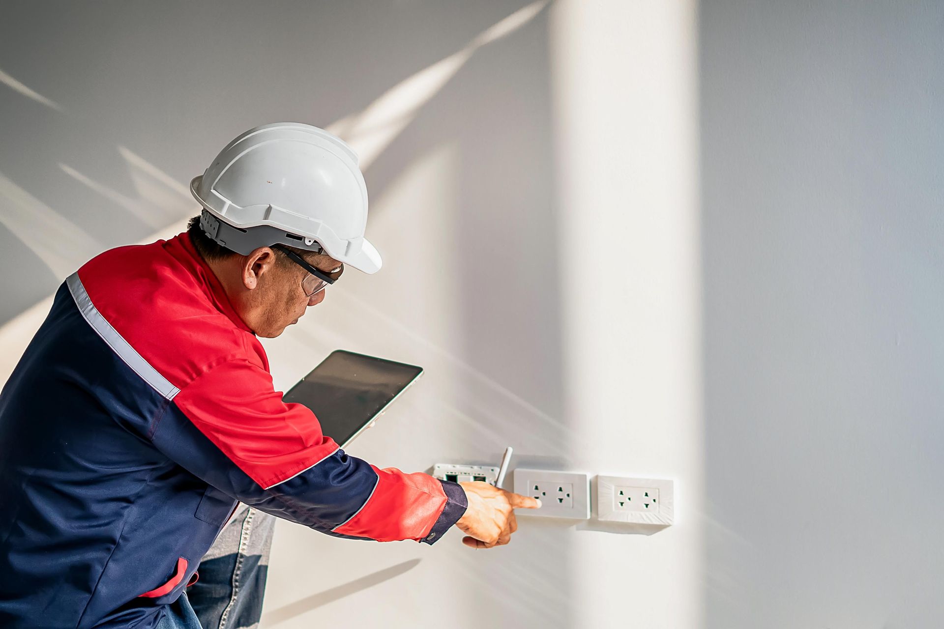 A man in a hard hat is working on a wall.