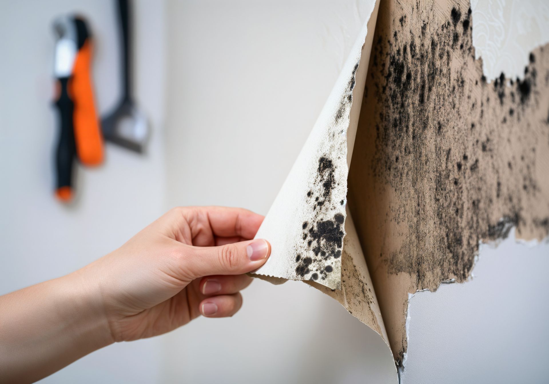 A person is holding a piece of paper with black mold on it.