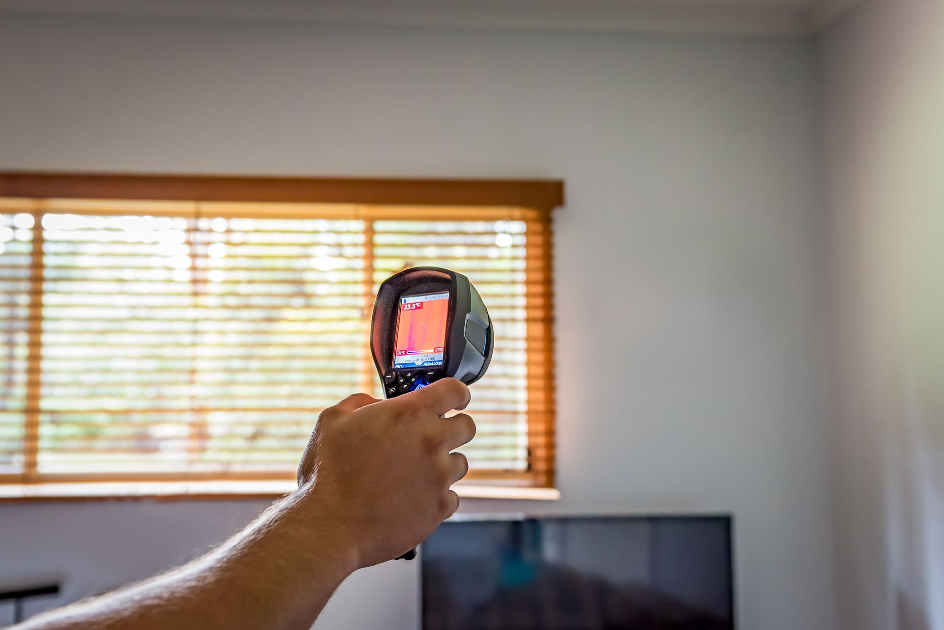 A person is holding a thermal camera in front of a window in a living room.