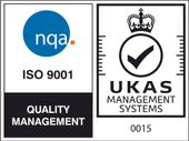 ISO 9001 and UKAS quality management certification logos in blue, black, and white