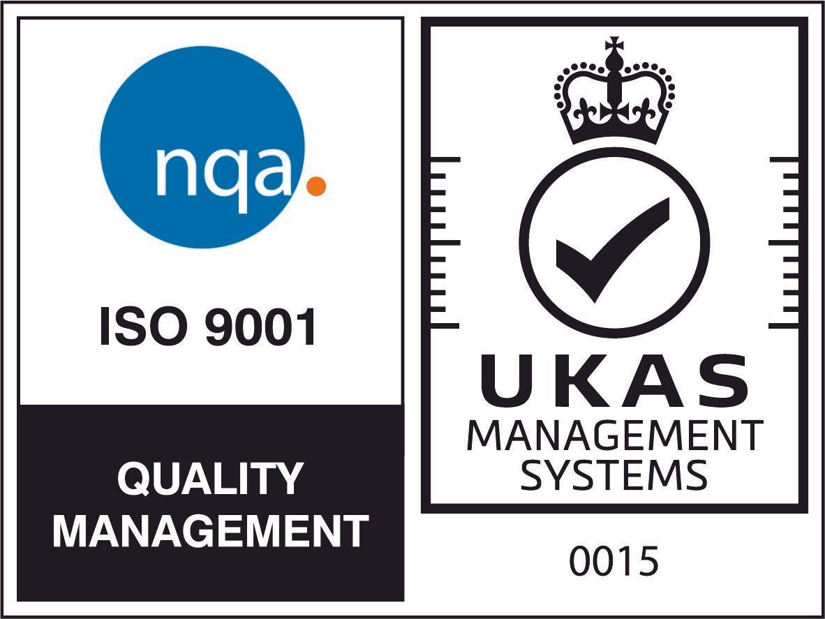 ISO 9001 and UKAS quality management certification logos in blue, black, and white