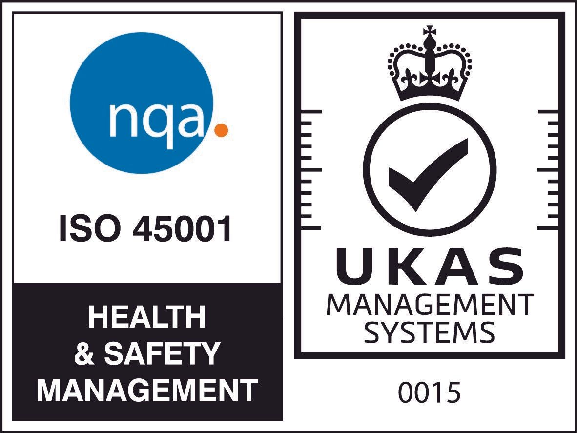 NQA ISO 45001 Health & Safety Management and UKAS certification logos