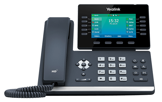 Black Yealink office desk phone with handset, keypad, and color display on a white background