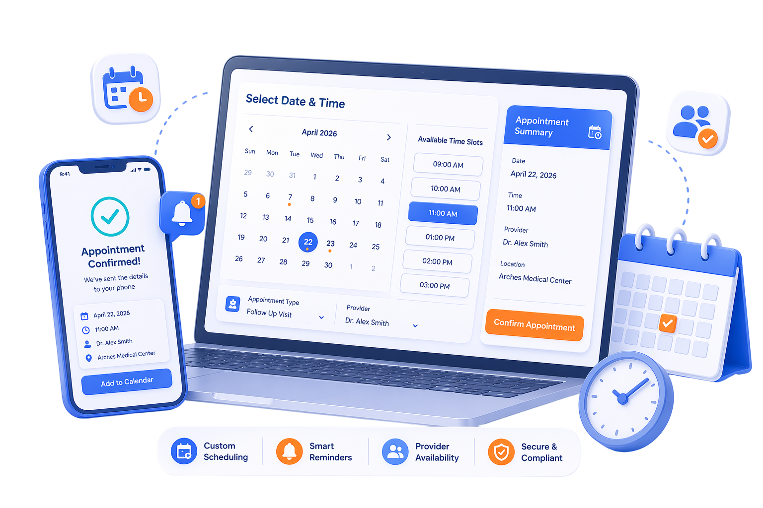 Appointment scheduling app shown on phone, tablet, and calendar with blue and orange accents
