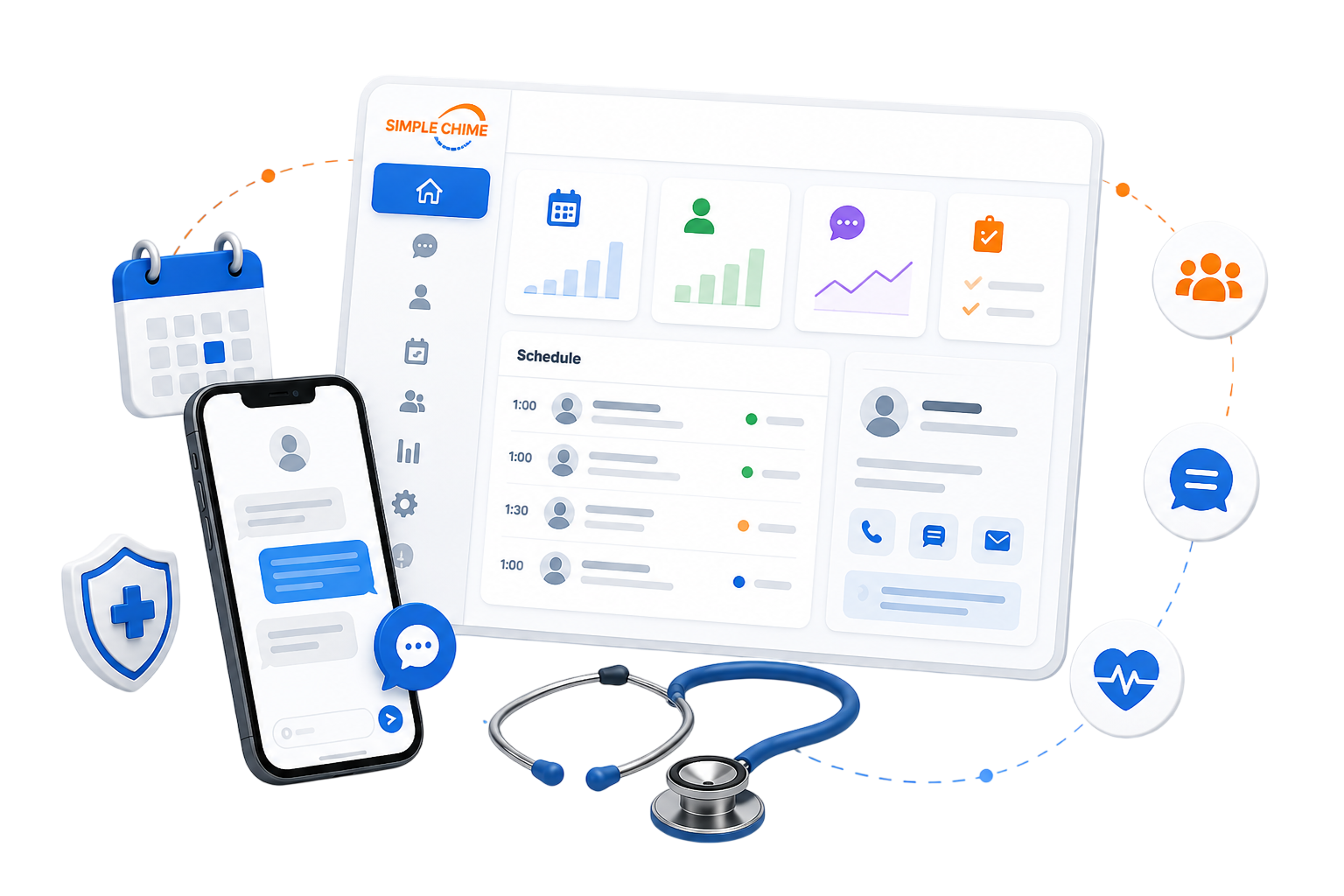 Healthcare dashboard UI on tablet and phone, with stethoscope, shield icons, and medical charts
