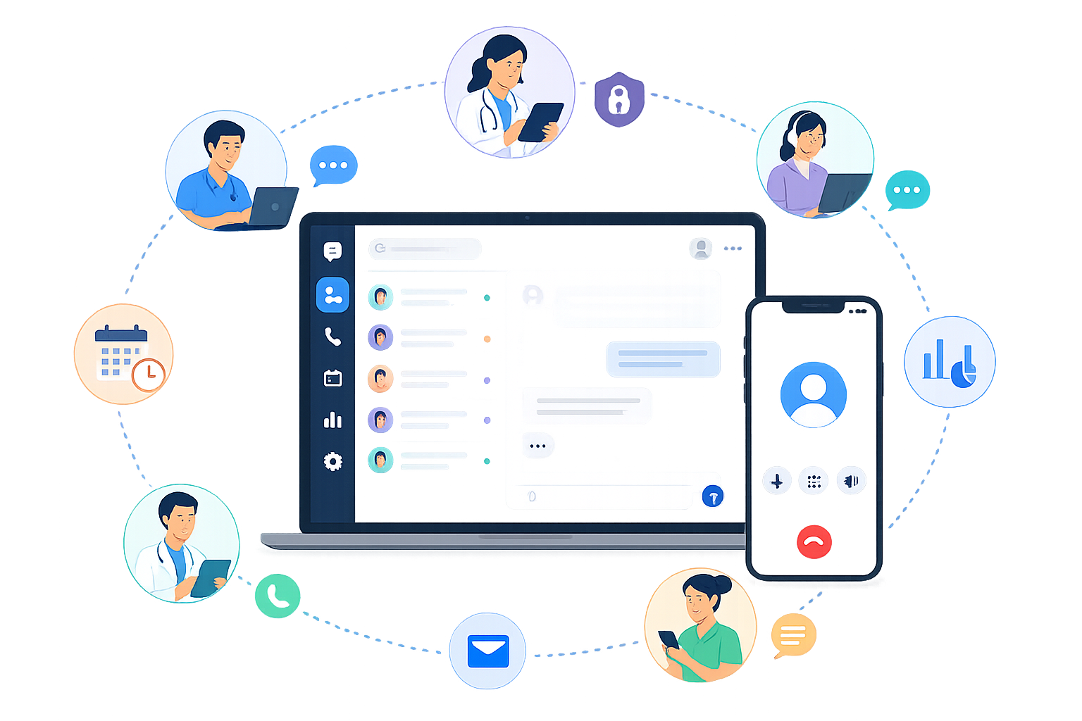 Online video conference interface on a laptop and smartphone, with contact avatars and communication icons around them