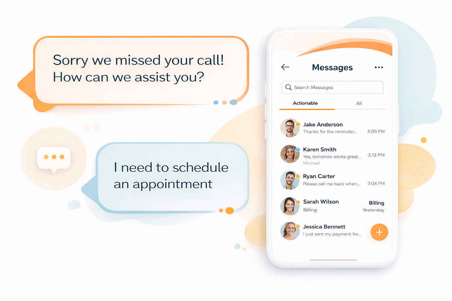 Medical chat app mockup with missed-call alert and appointment scheduling on a phone screen