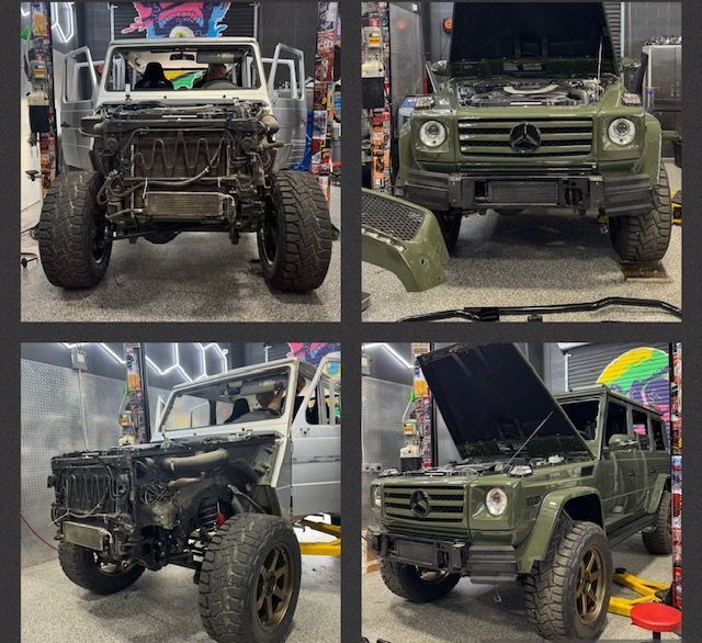 Four images of a Mercedes-Benz G-Class undergoing restoration. Shows the vehicle stripped down, and reassembled, olive green.