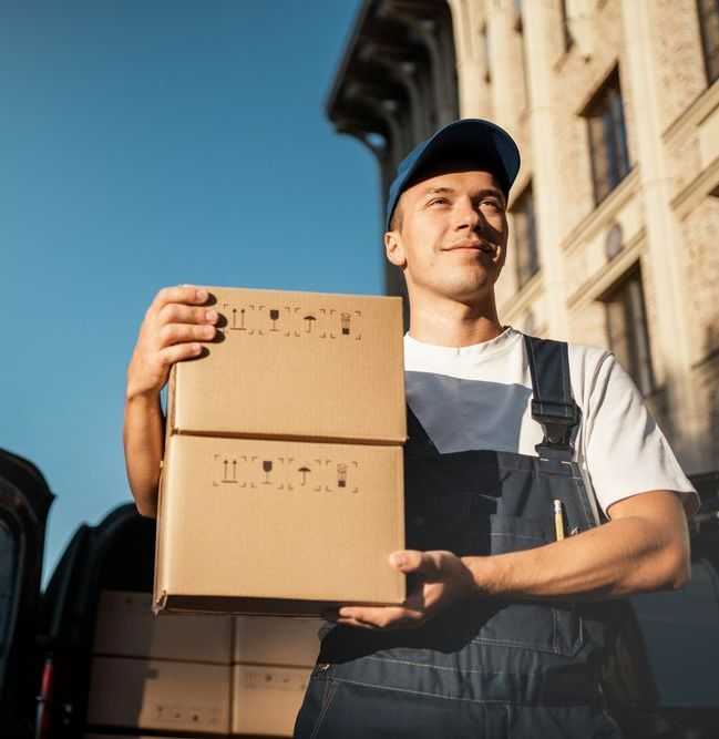 A Man In Overalls Is Holding A Cardboard Box With The Letter T On It — Port Stephens Removals & Storage In Salt Ash, NSW
