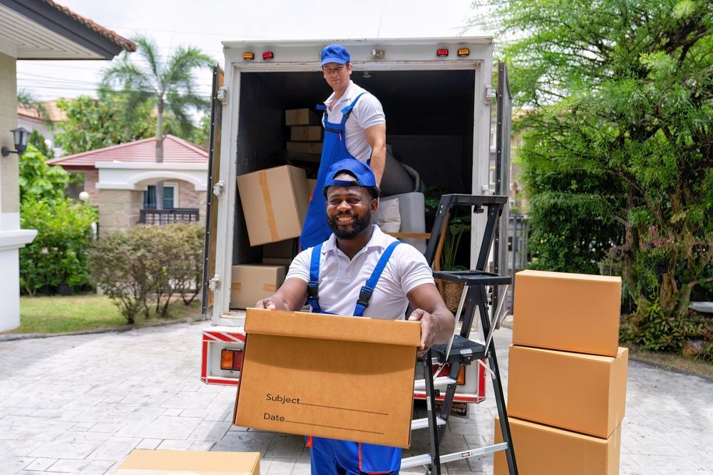 Two Men Are Loading Boxes Into A Moving Truck Two Men Are Loading Boxes Into A Moving Truck — Port Stephens Removals & Storage In Salt Ash, NSW
