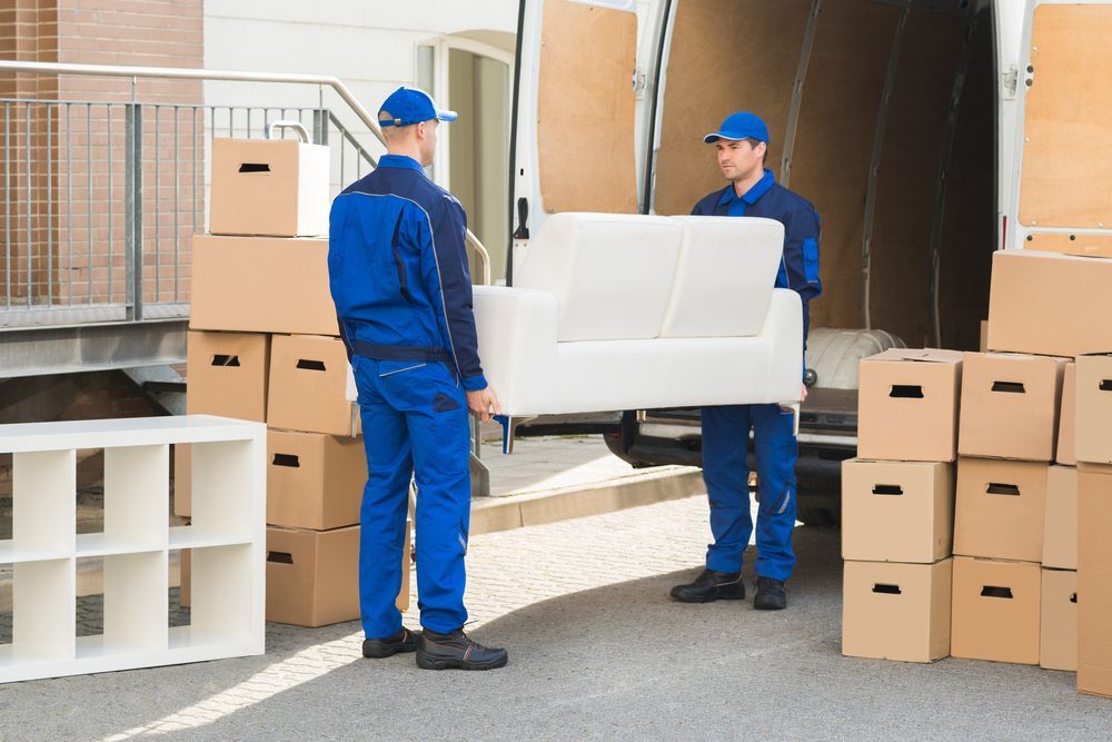 Two Movers Are Loading A Couch Into A Van — Port Stephens Removals & Storage In Salt Ash, NSW