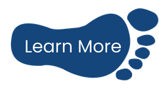 Blue footprint-shaped “Learn More” button on white background
