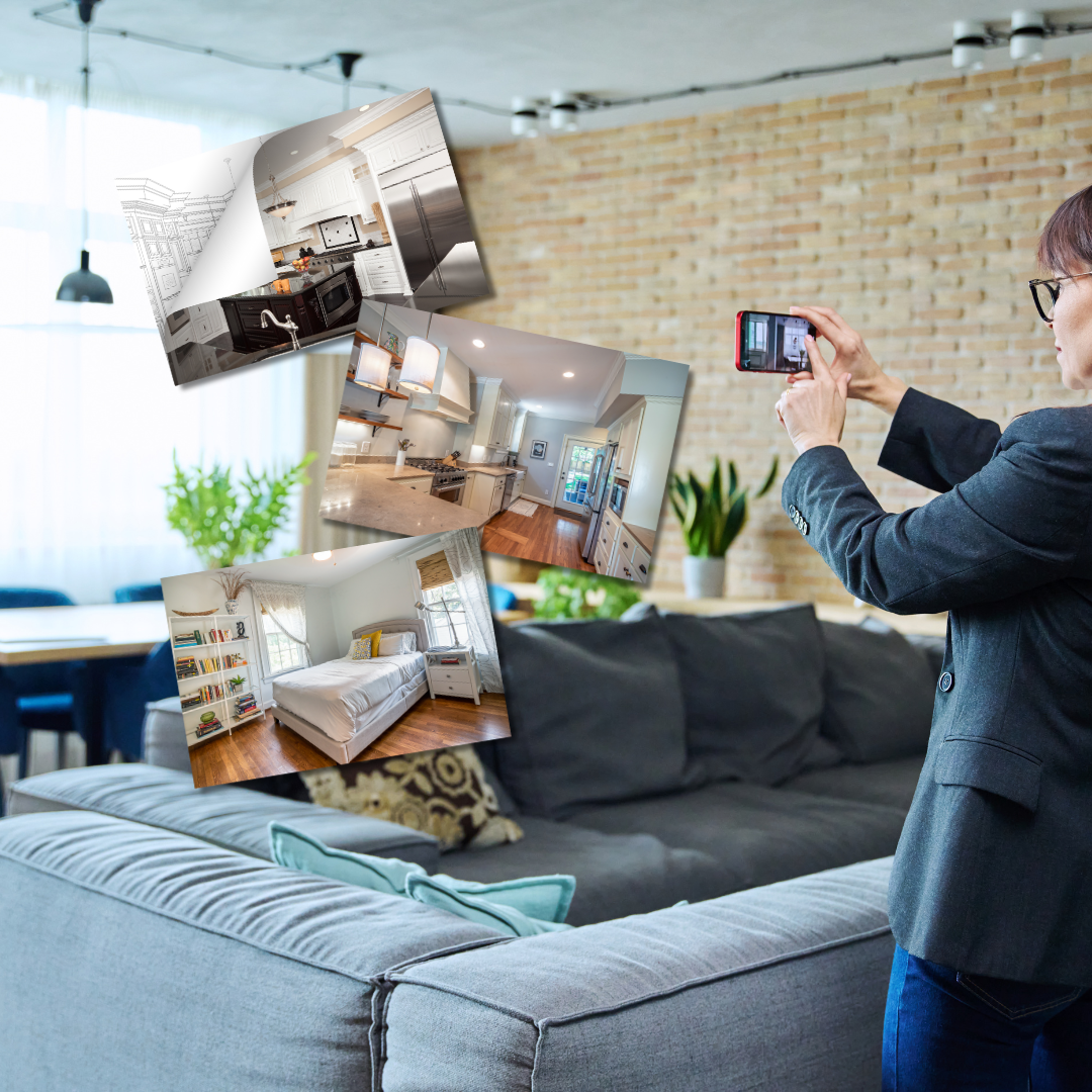 A woman is taking a picture of a couch in a living room