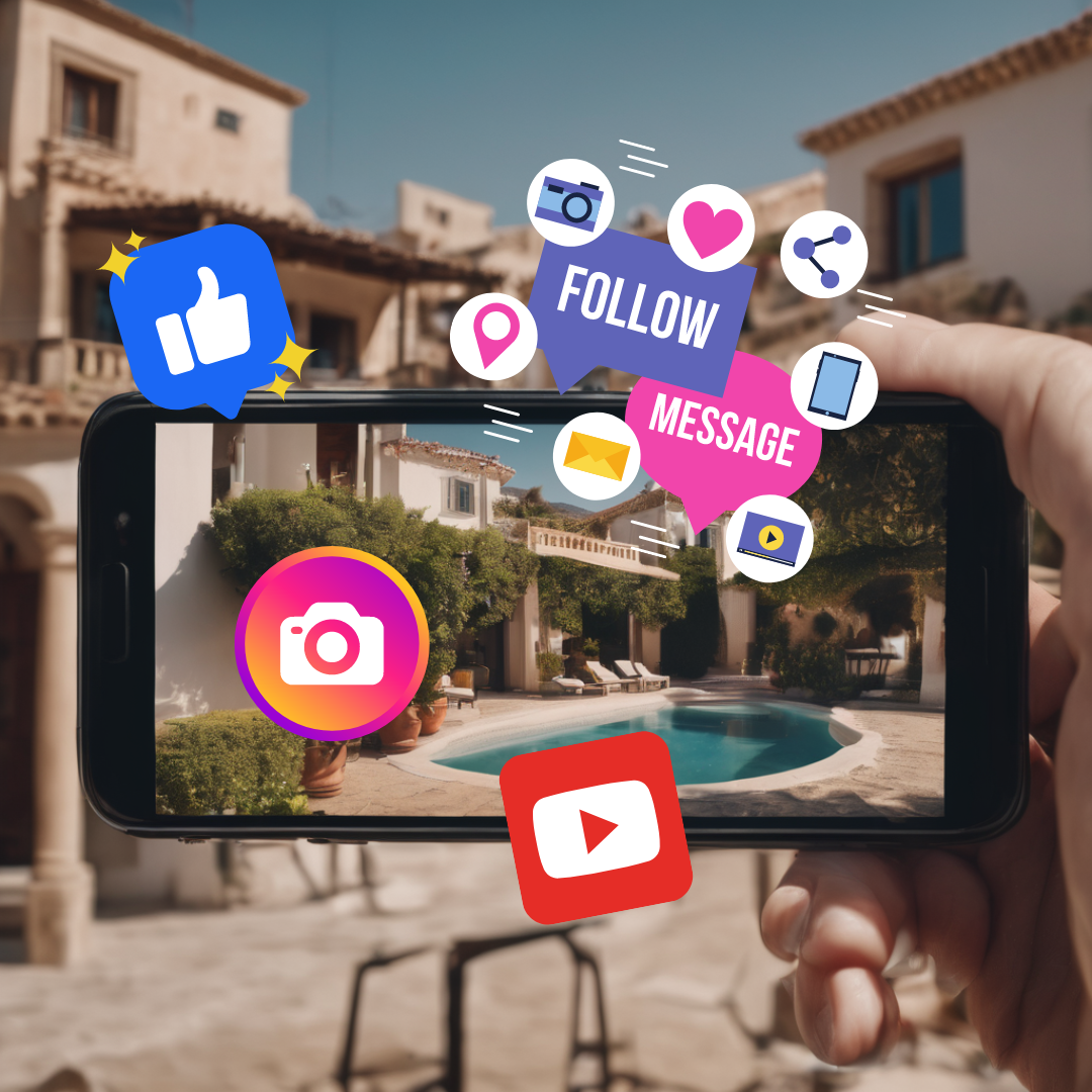 A person is holding a cell phone with a picture of a house and a pool on the screen