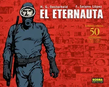 Un cómic llamado El Eternauta presenta a un hombre con una máscara de gas.