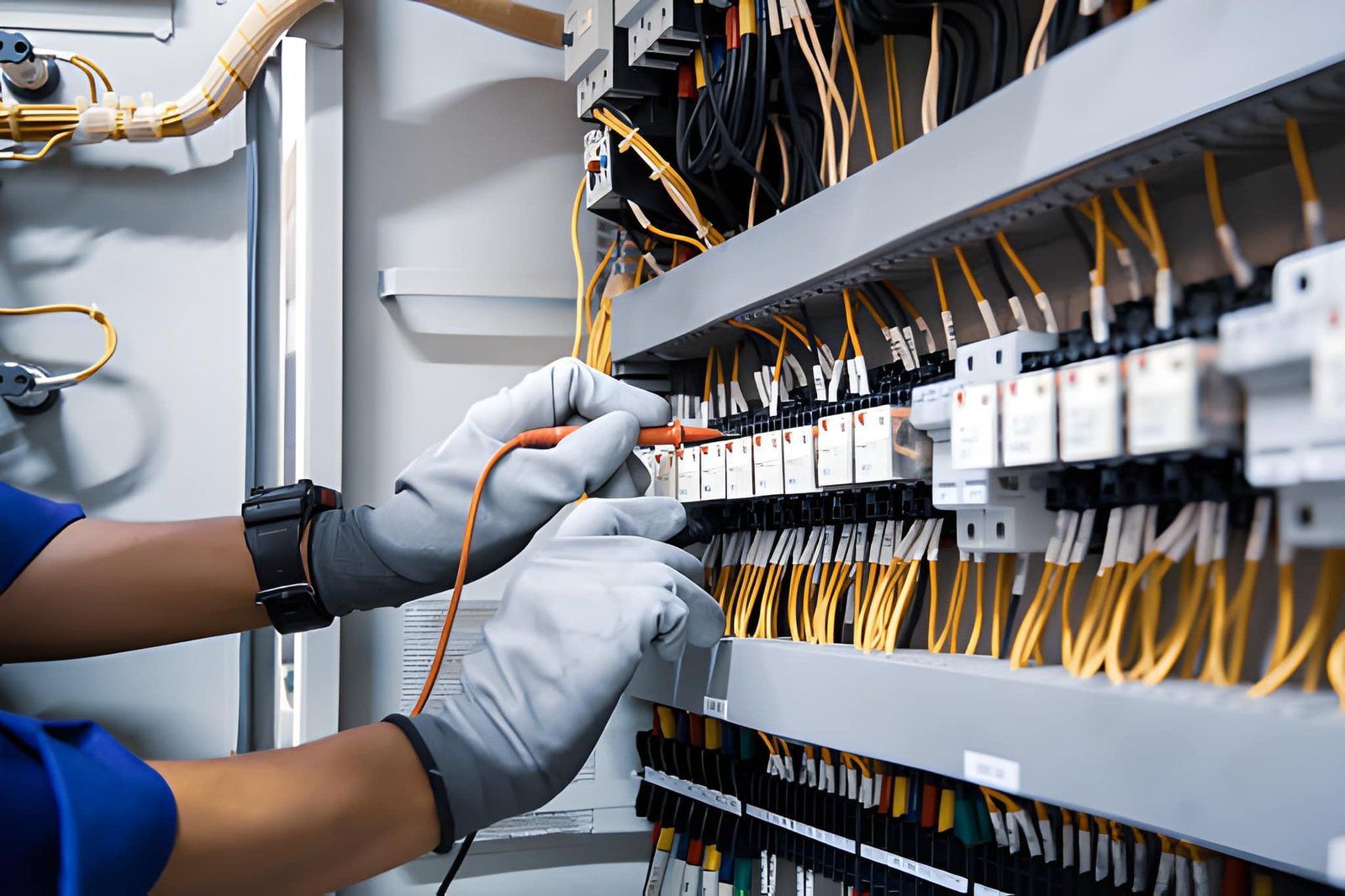 Technician adjusting wiring in an electrical control panel with rows of circuit breakers