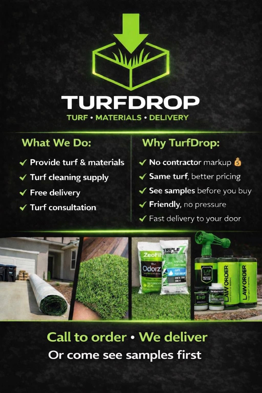 Green TURFDROP turf supply ad with lawn logo, product samples, and text: “Call to order. We deliver.”