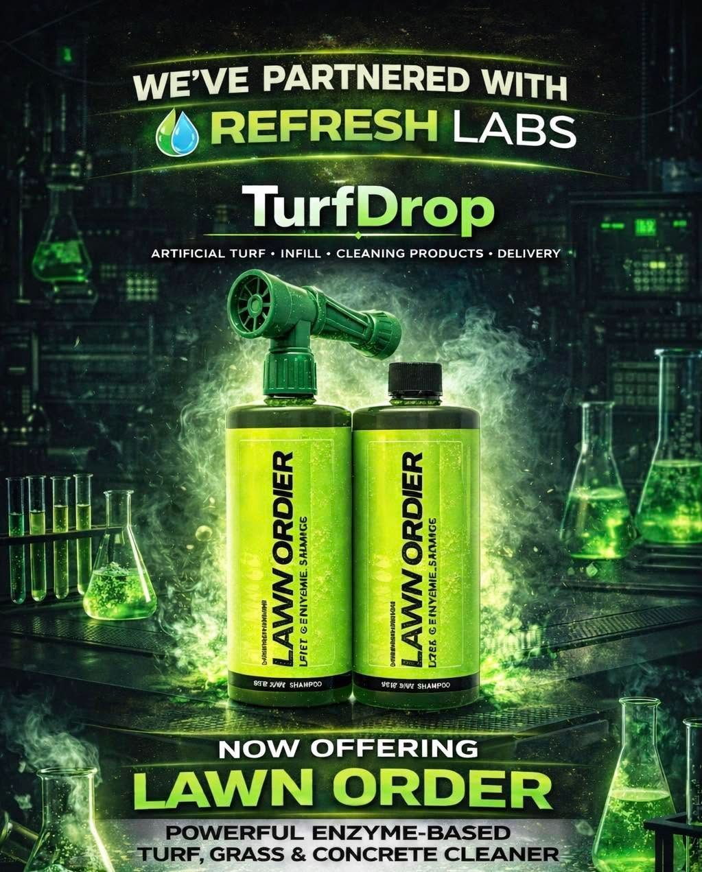 Green TurfDrop lawn-order product ad with two bright bottles and “Refresh Labs” branding on a dark neon background