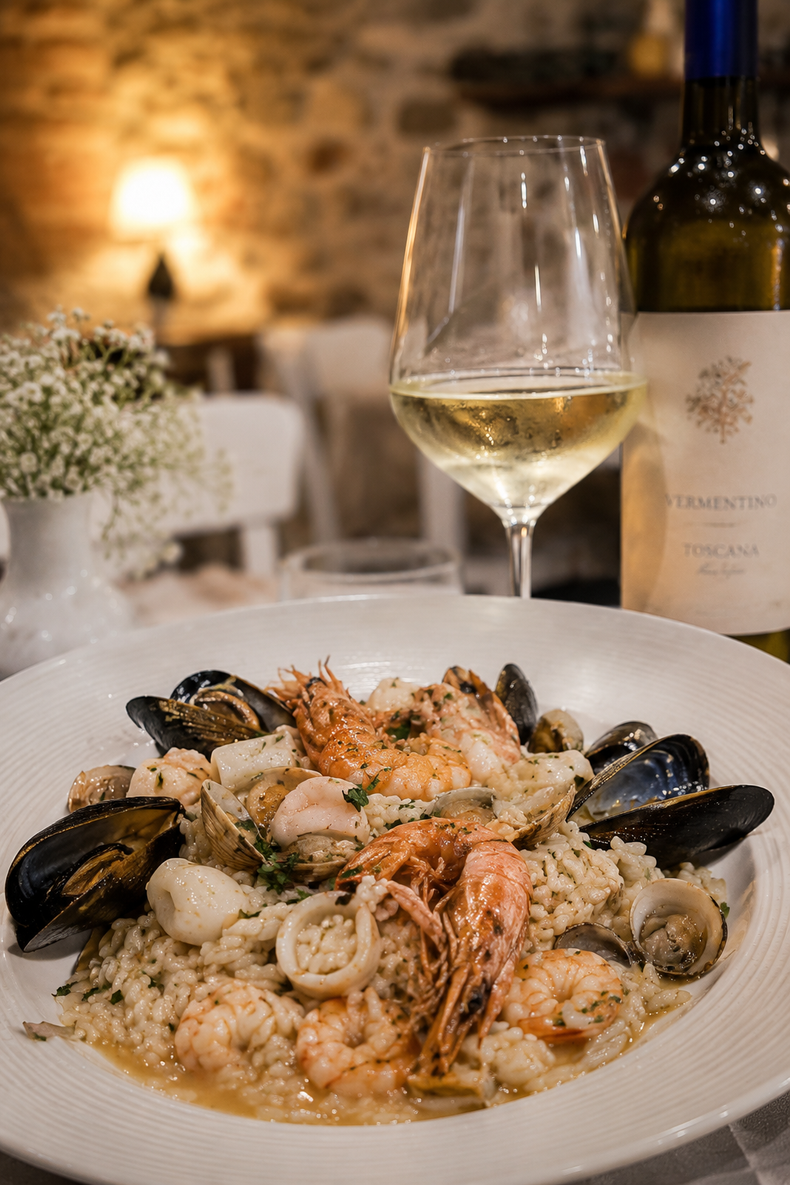 Risotto ai frutti di mare in una ciotola bianca, con un bicchiere di vino e una bottiglia su un tavolo in un ristorante illuminato da luci soffuse.