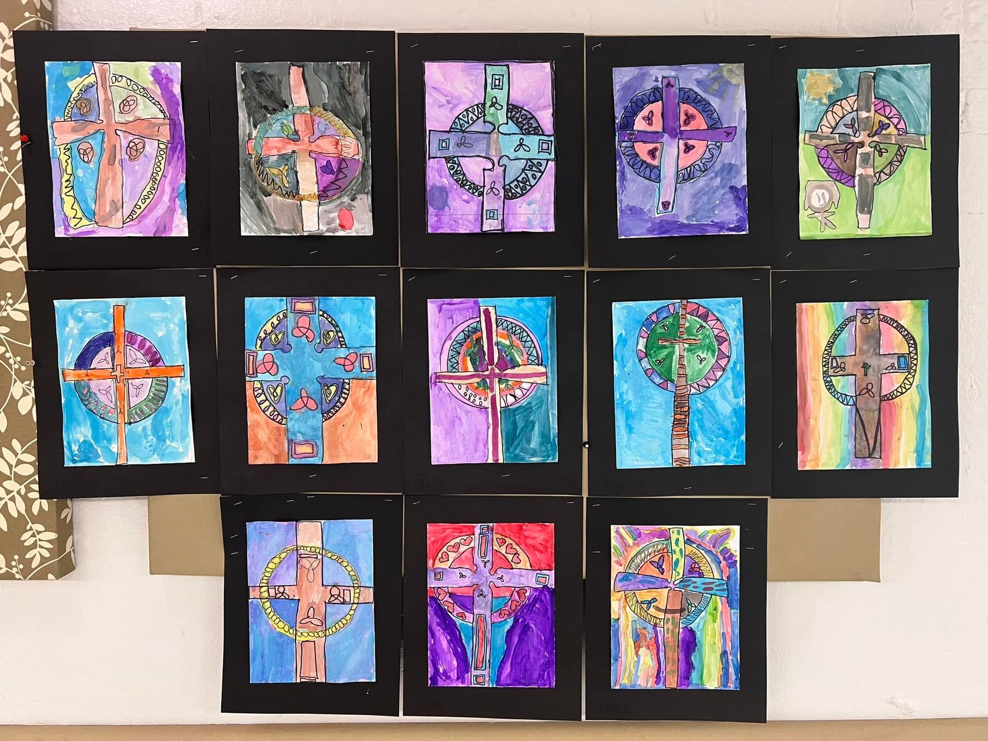 Stained glass crosses made in Art Class at St. Rose of Lima Catholic School