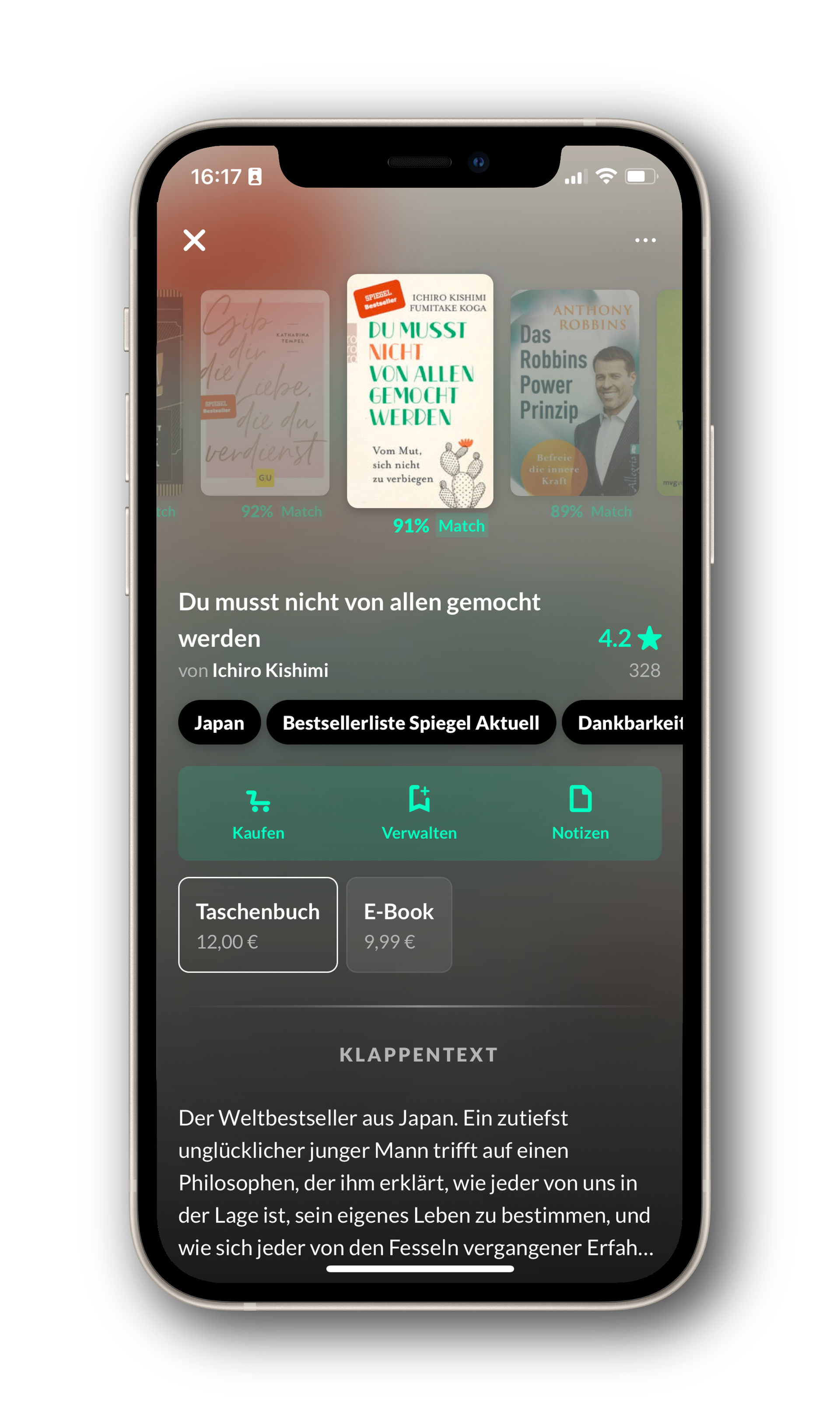 Ein Mobiltelefon mit dem Buch Tracker von Reado.