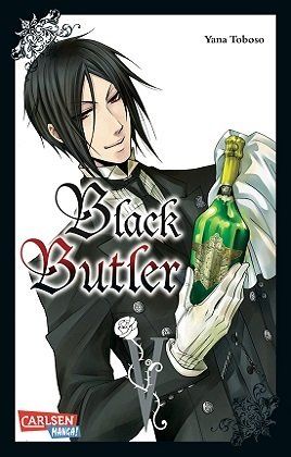 Sebastian aus Black Butler hält eine Flasche Champagner.