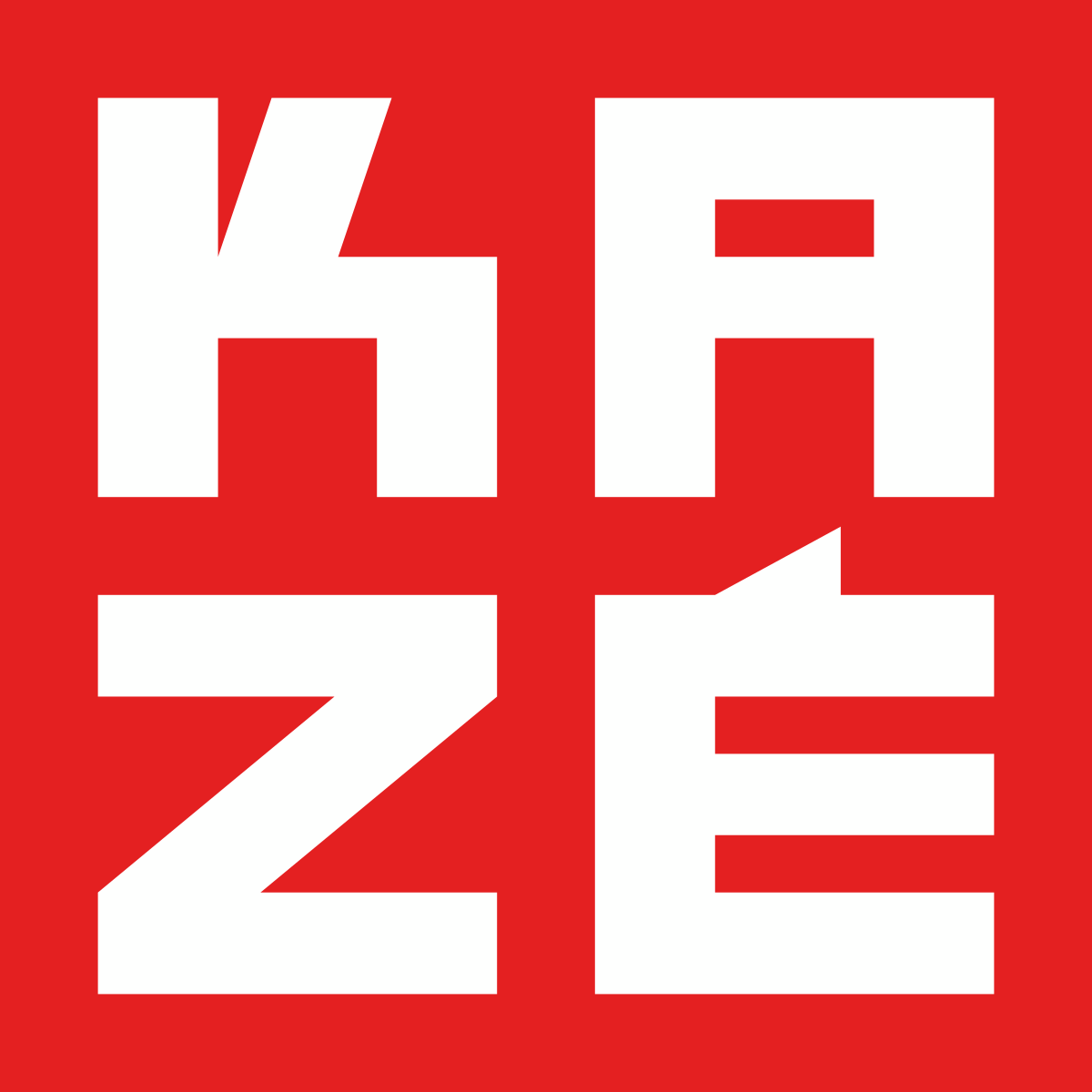 Das Logo von Ka Ze ist ein rotes Quadrat mit weißen Buchstaben auf weißem Hintergrund.