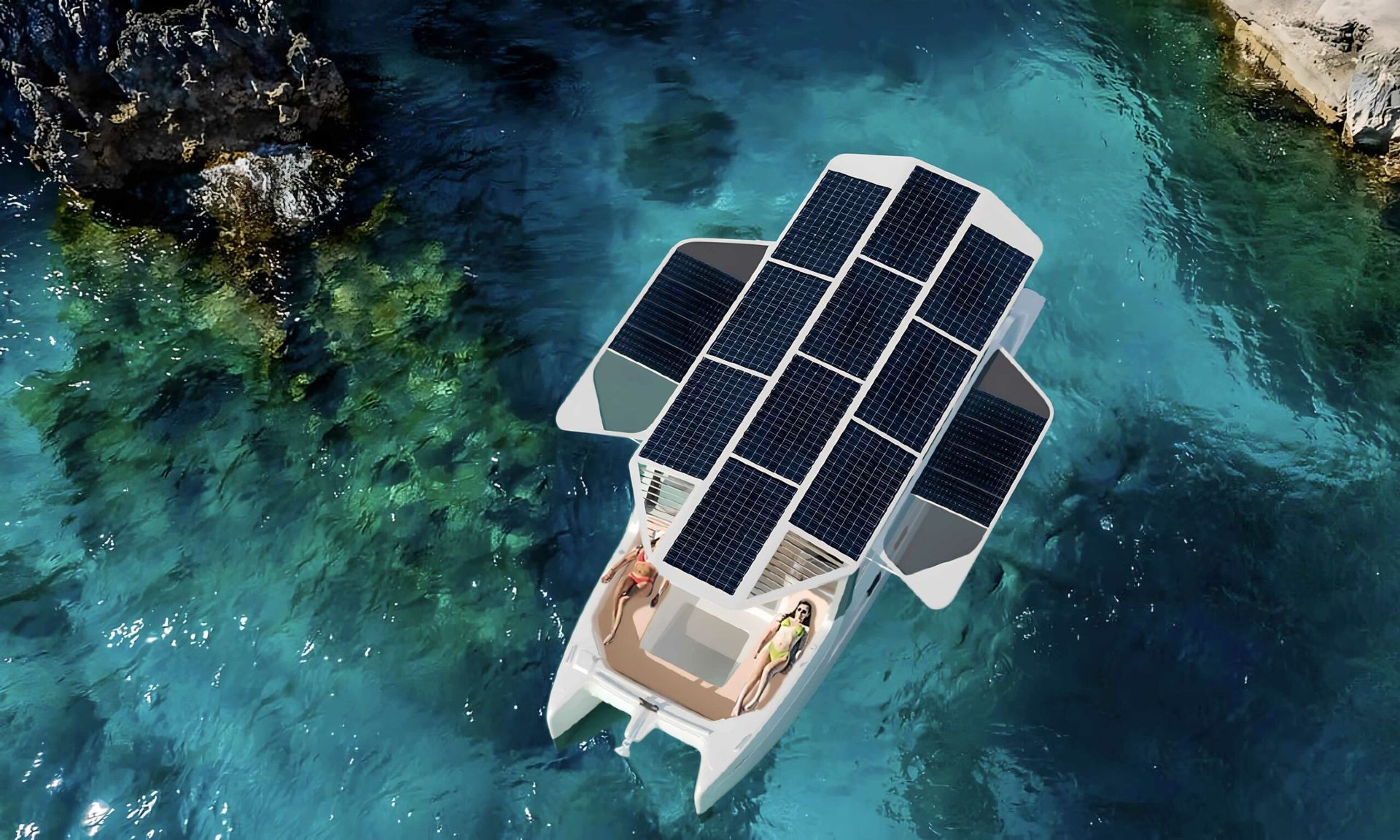 M10 electric solar power boat solar wings displayed aerial perspective