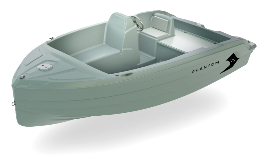 A small boat with the word phantom on the side