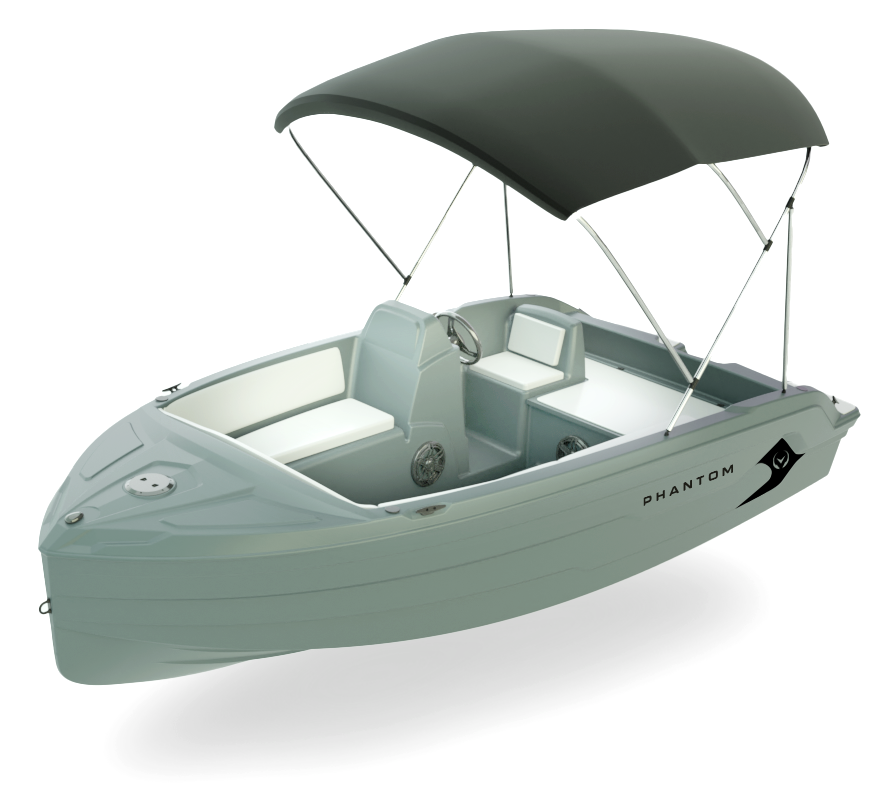 A phantom boat with a canopy on top of it