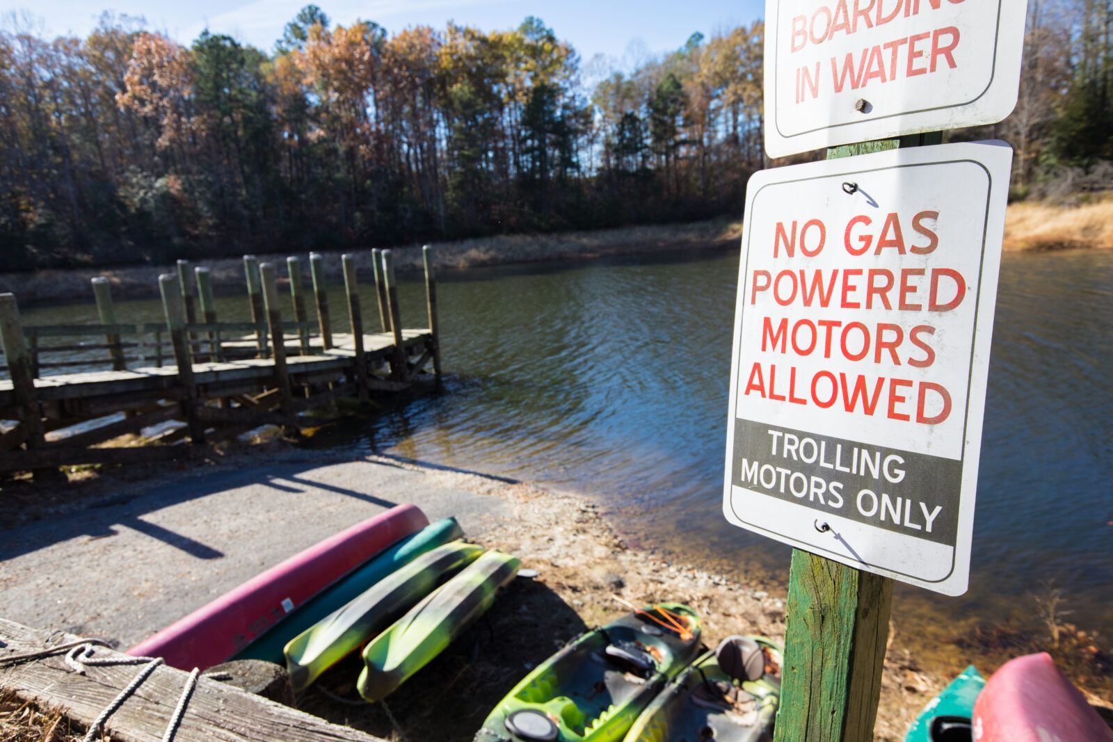 A sign that says no gas powered motors allowed