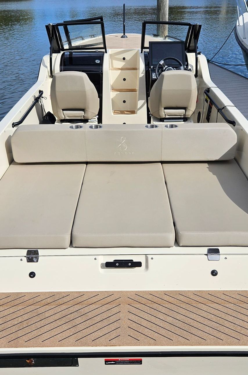 The back of a boat is sitting in the water.
